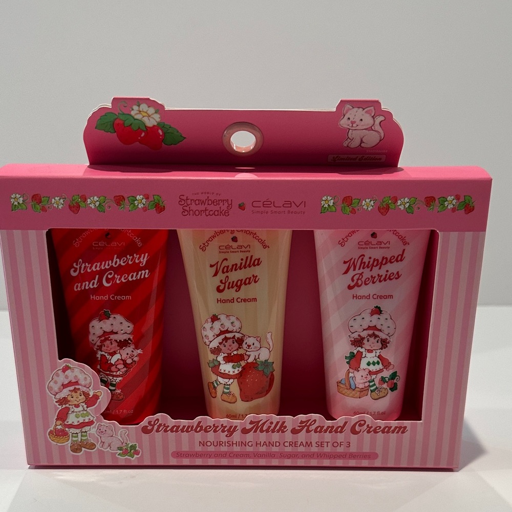 Strawberry Shortcake X Celavi (3) Pack Strawberry Milk Hand Cream.